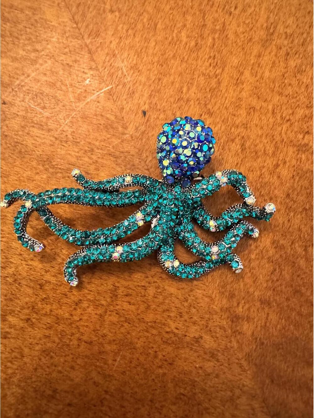 Octopus Shaped Blue and Turquoise Rhinestone Brooch 265